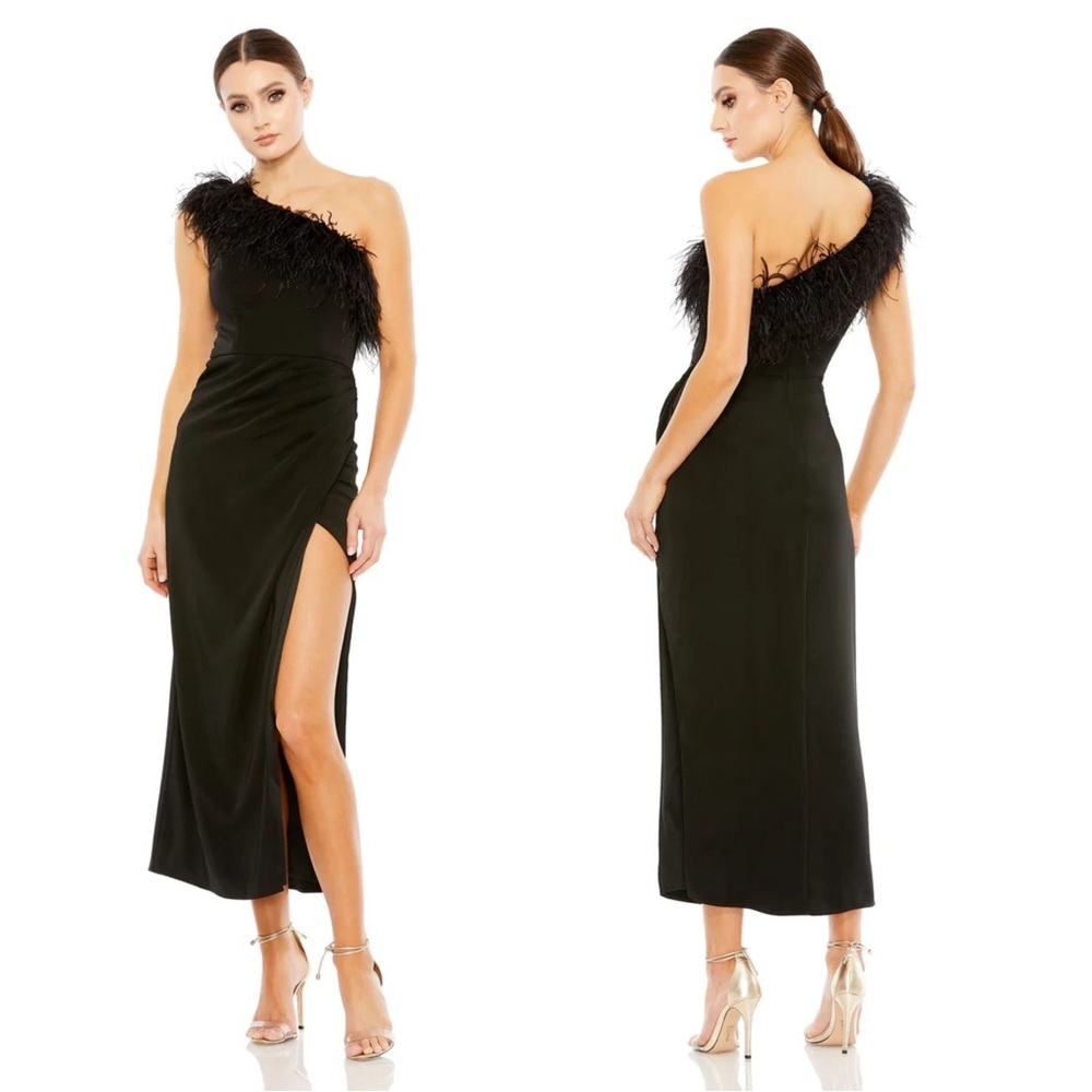 Mac Duggal 68147 Feather Trim One Shoulder Draped Dress Size 12 NWT Black
